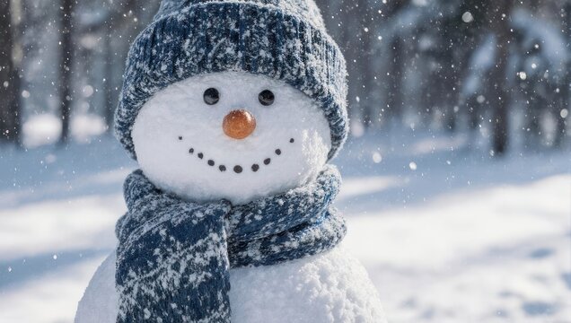 A happy snowman with a blue hat and scarf smiles in a snowy, winter wonderland