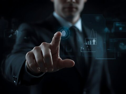 Businessman interacts with futuristic digital interface and glowing data visualizations