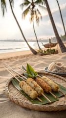 "Tropical Beachside Meal with Grilled Skewers and Sunset Glow"