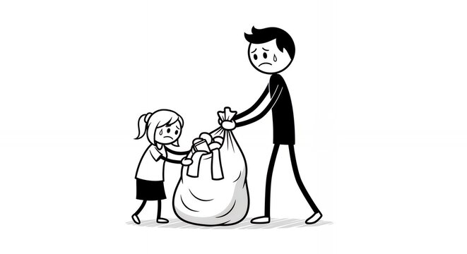 Father and Daughter Stick Figures Packing Clothes in a Sack Isolated on White Background in Cartoon Style Illustration for Donation or Charity Depicting Familial Responsibility and Generosity Over