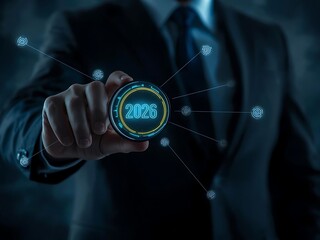 Businessman interacts with futuristic digital interface displaying data and analytics