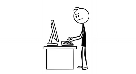 Fototapeta premium Frustrated Stick Figure Doctor Typing at Computer in Hospital Office with White Desk and Monitor Displaying Medical Records in a Cartoon Style Isolated on White Background Demonstrating Healthcare