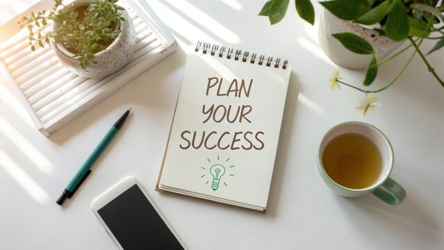 Inspirational workspace with notebook, cup, and smartphone, featuring "Plan Your Success" message on a sunny desk