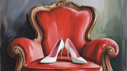 Elegant white high-heeled shoes on a plush red armchair