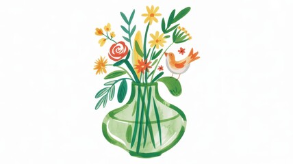Watercolor illustration of a green glass vase with colorful flowers and a bird