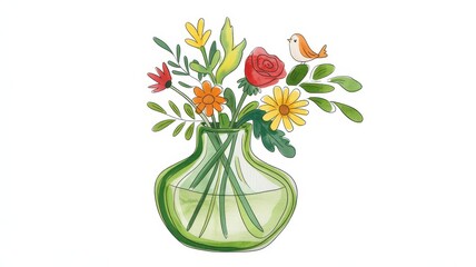 Watercolor illustration of a green glass vase with flowers and a bird