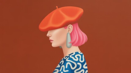 Stylized Woman in Orange Beret and Blue Patterned Top