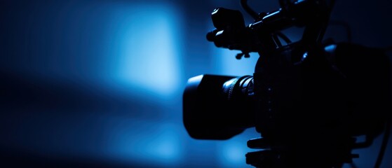 The camera silhouette in moody blue light creating cinematic studio atmosphere and focus