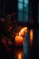 Peaceful Candlelight Soft Shadows and Glowing Light in a Darkened Room, Evoking Remembrance, Hope, and Quiet Contemplation. Ideal for themes of loss, grief, and spiritual reflection.