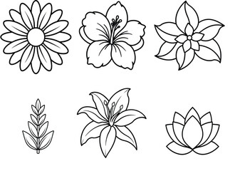 Beautiful flower outline vector bundle featuring daisy, hibiscus, lily, lotus, and leaf illustrations in clean botanical line art style. Each design is minimal, elegant, and perfect for coloring pages