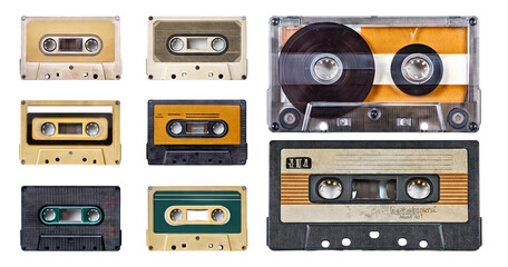 Obraz premium Vintage Cassette Tapes Collection on White Background, PNG bundle collection, Isolated on Transparent Background