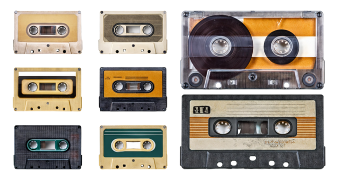 Vintage Cassette Tapes Collection on White Background, PNG bundle collection, Isolated on Transparent Background - Powered by Adobe