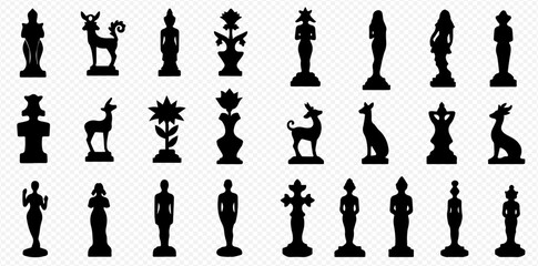 A diverse collection of black silhouettes representing ancient statues, idols, and artifacts from antiquity on a transparent background.