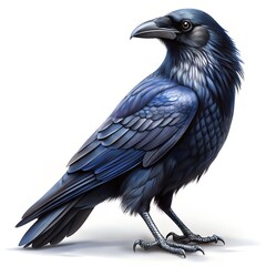 Dark Blue Raven Perched On White Background bird corvid