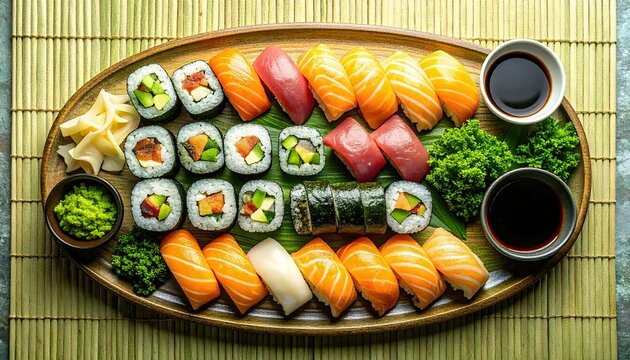 Bandeja de sushi variado con makis y nigiris sobre estera de bamb&uacute; y salsa de soja