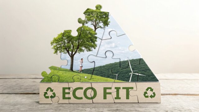 Eco-Friendly Puzzle Piece Representation of Sustainability and Nature with Trees, Hills, and Wind Turbine