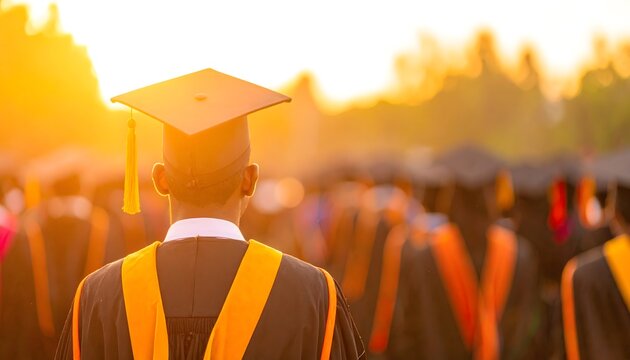 Graduado con toga y birrete bajo luz dorada al atardecer durante ceremonia de graduaci&oacute;n