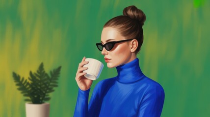Woman in blue turtleneck and sunglasses drinking from cup