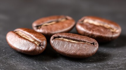 Obraz premium stimulant. A macro shot of roasted coffee beans with textured details on a dark slate background. bar promotions, beverage menus, designed for product packaging and bar promotions.