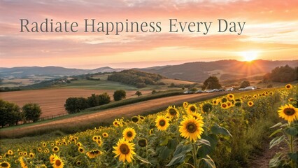 Serene Sunrise Over Sunflower Field with warm Colors in Golden Hour and Inspirational Quote on the Sky