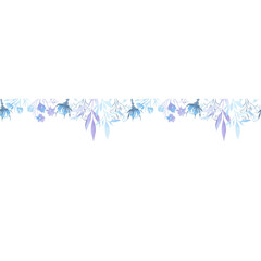 Seamless border. Plant branches with flowers. Blue. Watercolor.