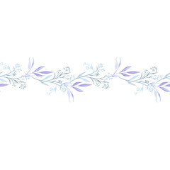 Seamless border. Plant branches with flowers. Blue. Watercolor.