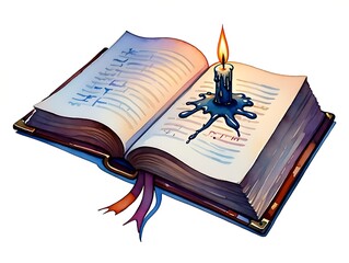 Open Spell Book with a Dripping Wax Candle and Magical Inscriptions