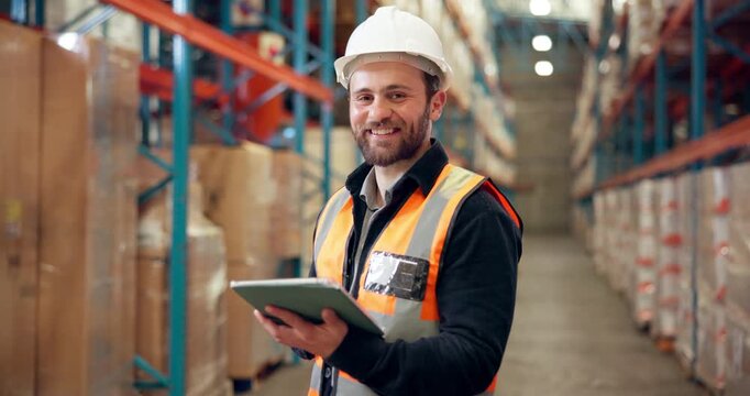 Face, happy man and logistics worker with tablet in warehouse for storage, stock or inventory check. Portrait, smile and shipping technician with technology for freight with professional in industry