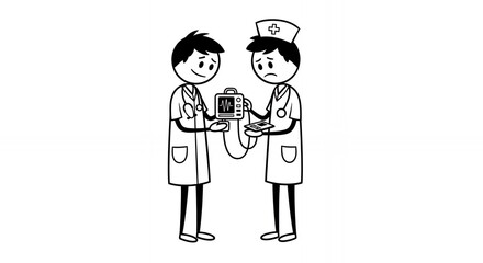 Stick Figure Doctors Examining Medical Device in Hospital Setting Cartoon Pictogram on White Background Depicting Healthcare Analysis and Patient Monitoring Process, Emphasizing Diagnostic Precision