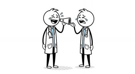 Stick Figure Doctors Sharing Emotional News Crying and Celebrating with Cup Telephone Communication on White Background Two Stickman Doctors Reacting to Medical Breakthrough News Emotional Medical