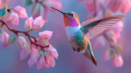 Low poly hummingbird hovering near pink abstract flower, vibrant geometric art, soft pastel background, peaceful mood