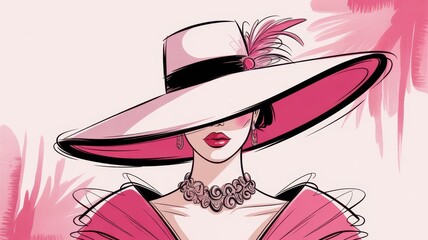 Woman in Pink Hat and Dress with Feather portrait wide brim hat