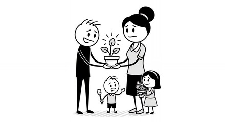 Stick Figure Family Nurturing Growth Together a Father Giving Potted Plant to His Wife and Children with Hopeful Expression Symbolizing Family Support and Togetherness Isolated on White Background