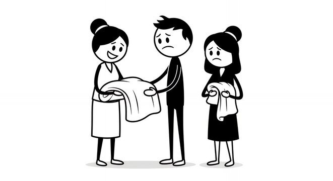 Stick Figure Family Encounter with Happiness and Disappointment Illustration Depicting a Woman Holding a Garment with Joyful Expression and Another Woman Expressing Disappointment in Black and White