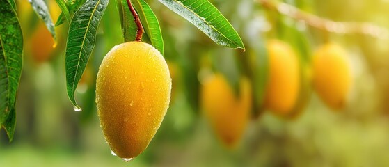 Obraz premium The Mango Fruit Hanging with Dew on a Tropical Tree Branch at Sunrise