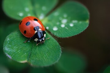 Fototapeta premium Ladybug resting on a three leaf clover in a garden setting highlighting nature's beauty and small wonders