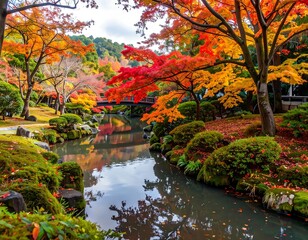 Scenic Japanese Garden With Stream, Foliage in Autumn Colors