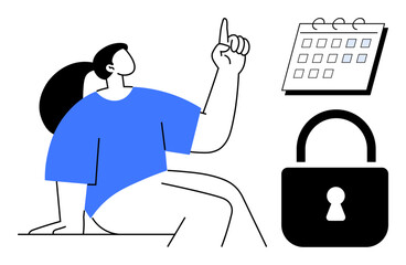 Female figure seated, gesturing upward, accompanied by a calendar and padlock. Ideal for planning, scheduling, organization, security, privacy time management and goal setting. Simple flat metaphor