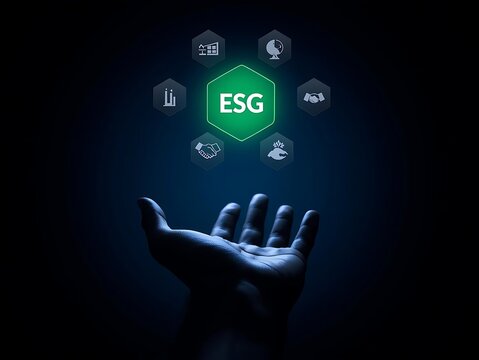Human hand reaching towards a glowing green hexagon with esg and surrounding icons - Powered by Adobe