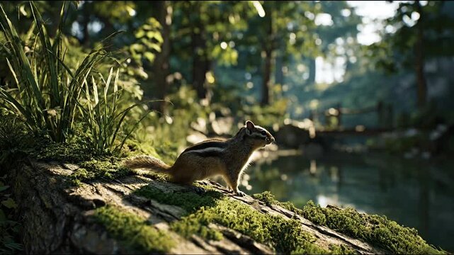 A chipmunk stands on a moss-covered log in a lush forest by a tranquil pond, nature scene