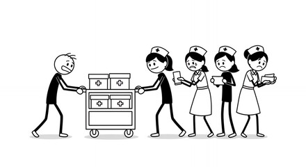 Stick Figure Team of Nurses in Caps and Uniforms Pushing a Medical Cart with Boxes Followed by a Man in a Hospital Cartoon on White Background Conveying Teamwork in Healthcare Setting Illustration
