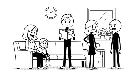 Stylized Stick Figure Depiction of a Family in a Hospital Waiting Room Featuring Smiling Mother and Child Next to Reading Father Opposite Anxious Woman and Man Under a Clock and Wall Art in Black and