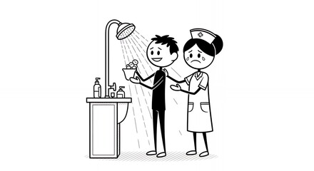 Supportive Nursing Care Black and White Stick Figure Illustration Depicting Nurse Assisting Patient in Shower with Essential Toiletries Next to Modern Sink and Shower Head. Cartoon Hospital Setting