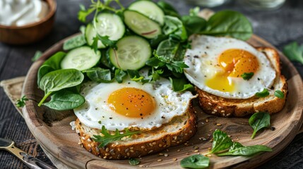 Over Easy Eggs Avocado Spinach Toast Greek Yogurt Cucumber Breakfast