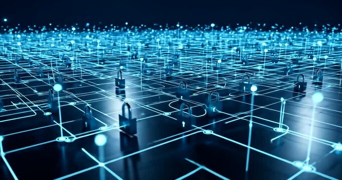 Futuristic digital landscape with glowing locks representing cybersecurity networks