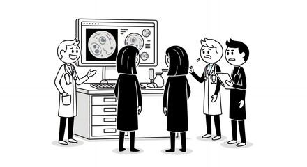 Team of Doctors Discussing Medical Cases with Microscope Imagery on Computer Screen in a White Hospital Room Depicted as Black and White Stick Figure Style Cartoon on White Background Perfect for