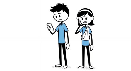 Teenage Patient with Fever Checking Thermometer and Girl with Arm Sling Injury in Stick Figure Style Isolated on White Background Illustration Depicting Medical Scenario with Cartoon Characters in