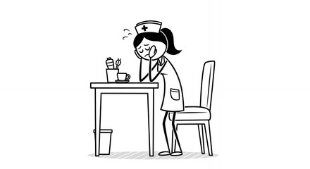 Tired Nurse Stick Figure Leaning on Desk After Long Shift in Black and White Cartoon Illustration A Nurse with a Cap and Uniform is Exhausted and Leaning on Her Desk After Work Hospital Scene in