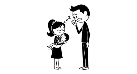 Tired Parent with Sleeping Baby Stick Figure Illustration a Weary Father Looks On as a Woman Holds a Sleeping Infant Depicting Newborn Care and Exhaustion in a Cartoon Pictogram Style Isolated on
