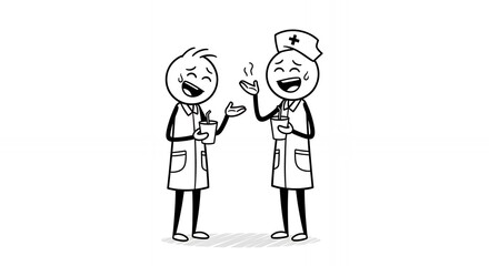Two Happy Stick Figure Nurses Sharing a Beverage and Conversing Cheerfully in White Coats and Caps isolated on White Background Embodying Healthcare Support and Teamwork with Joyful Expression and